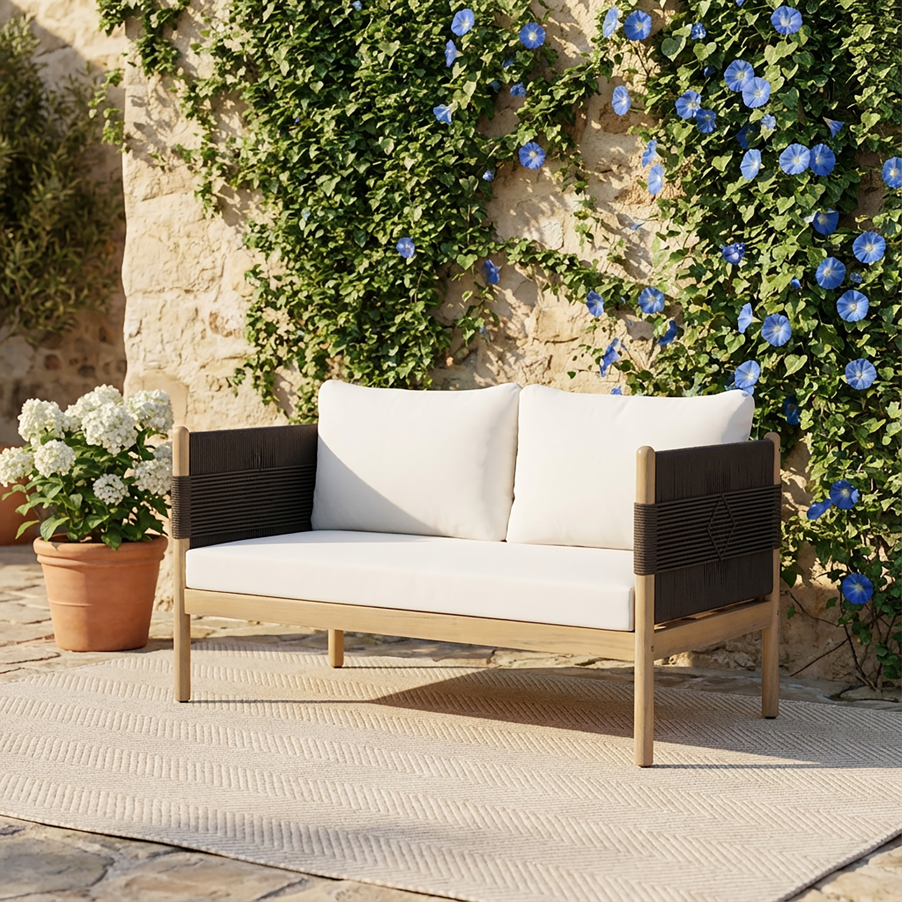 Christopher Knight Home - Xaizai Outdoor 50.35" Acacia Wood 2-Seater Loveseat with Cushions & Square Handwoven Rope Arms