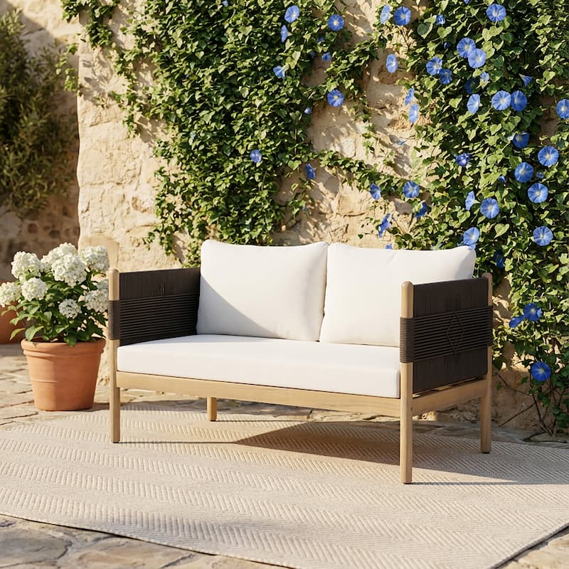 Christopher Knight Home - Xaizai Outdoor 50.35" Acacia Wood 2-Seater Loveseat with Cushions & Square Handwoven Rope Arms - Beige/Brown/Black