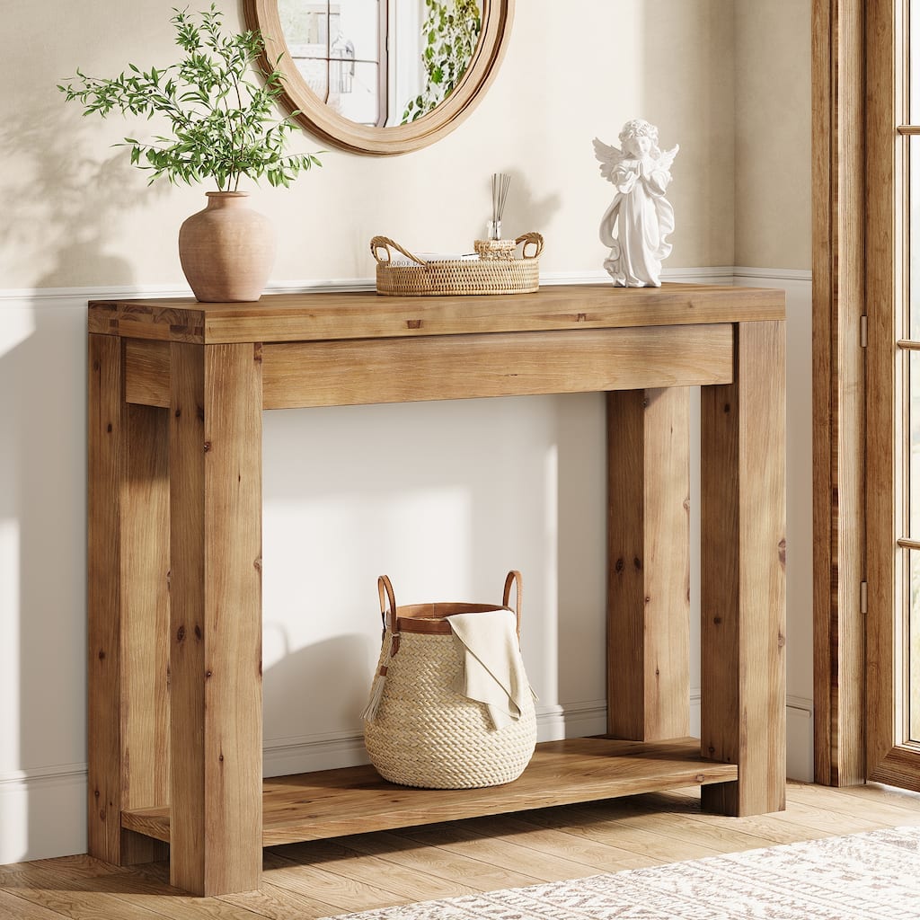 43.3" Solid Wood Console Table with 2-Tier Storage, Narrow Sofa Table
