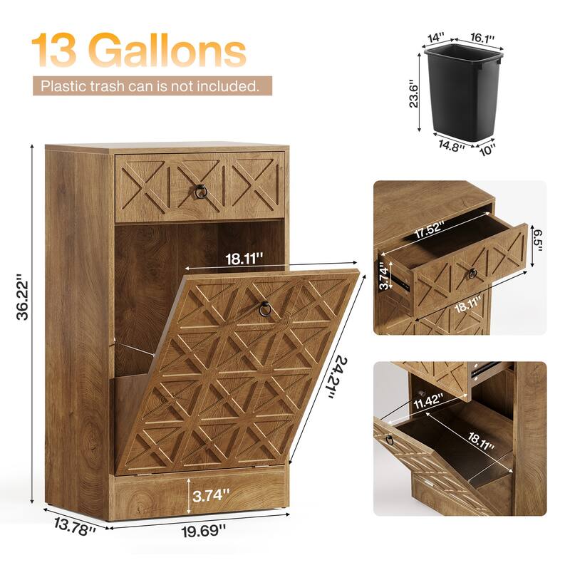 13 Gallon Wooden Fluted Tilt-Out Trash Can Cabinet with Drawer, Hidden Garbage Bin Storage Unit for Kitchen Living Room
