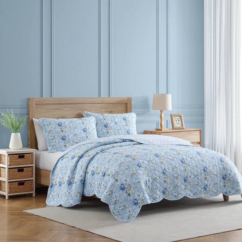 Laura Ashley Peony Garden Cotton Reversible Blue Quilt Set