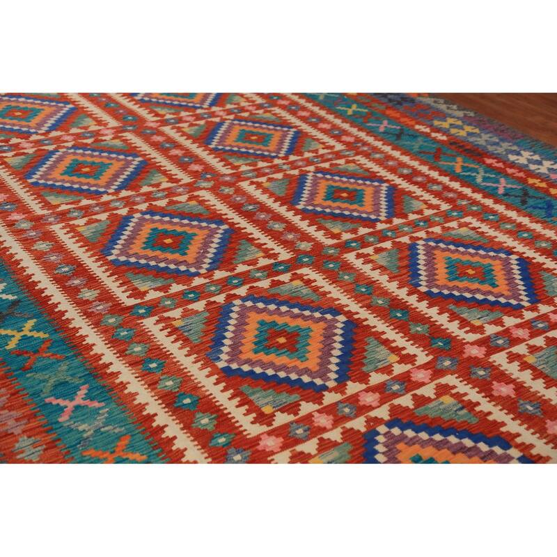 All-Over Geometric Kilim Large Rug Flatweave Oriental Wool Carpet - 9'10"x 16'1"