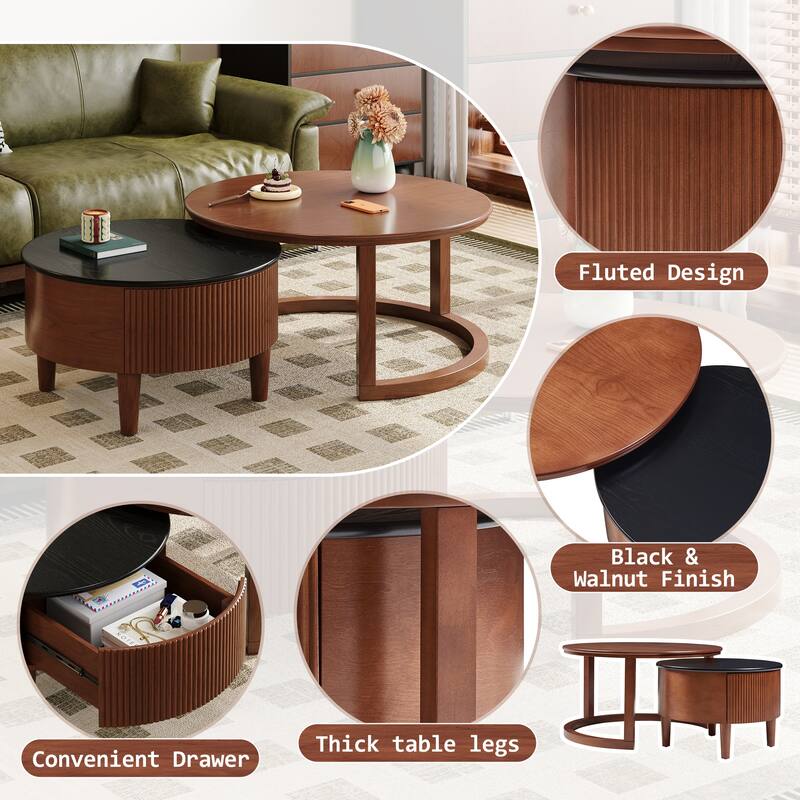 2-Piece Fluted Nesting Coffee Table Set with Hidden Drawer by Harper&Bright Designs