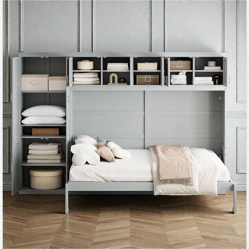 Queen Size Murphy Wall Bed with Cabinets, Wardrobe, Drawers & Storage Shelf, Space-Saving Folding Bed System