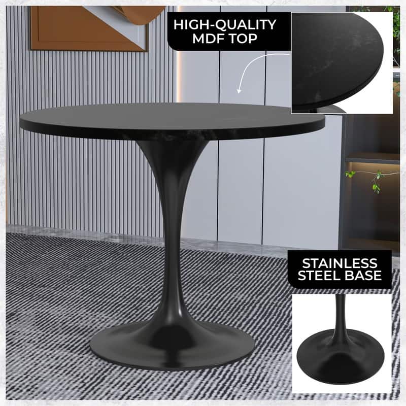 LeisureMod Verve 36" Round Dining Table with MDF Wood TableTop and Black Steel Base for Kitchen & Dining Room