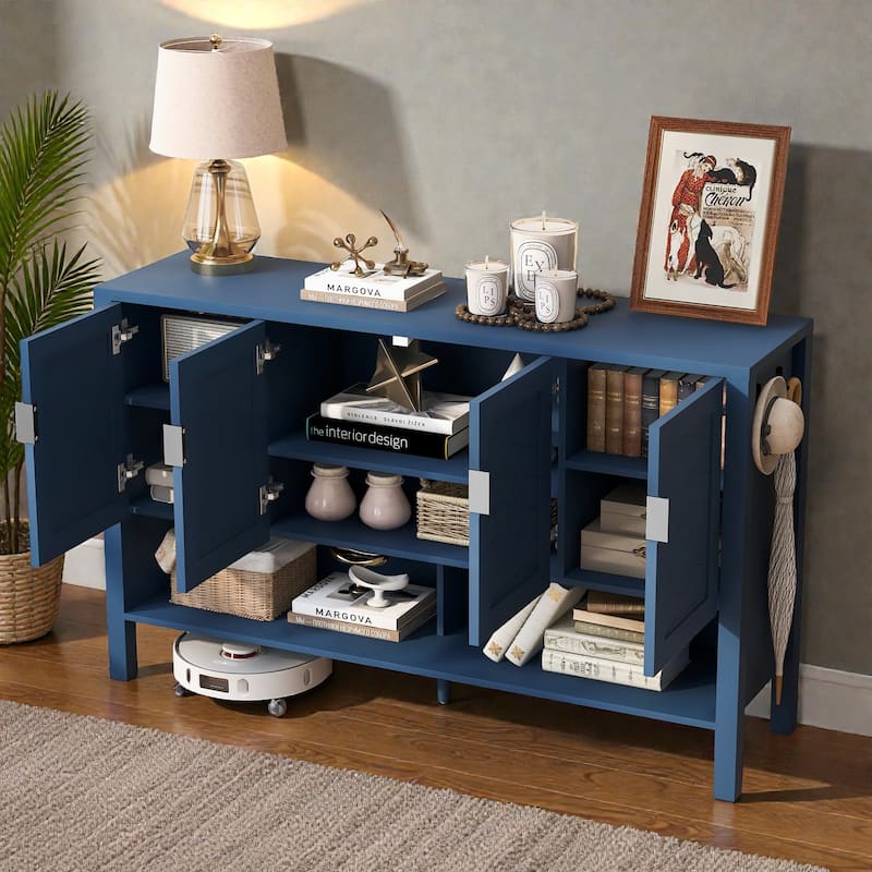 55.1" Modern Sideboard Buffet Cabinet with 4 Doors, Open Shelf, Adjustable Shelves & Side Hooks for Living Room or Dining