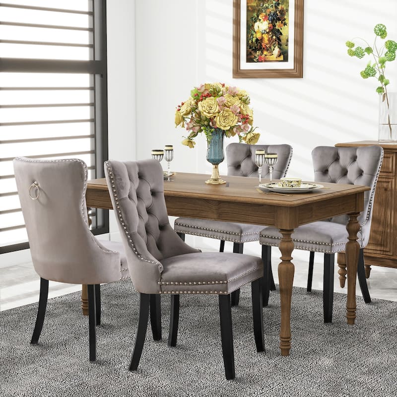 Set of 2 Hollywood Glam Velvet Dining Chairs – Tufted Back with Nailhead Trim and Ring Pull, Modern Accent Side Chairs