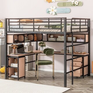 Full Size Metal Loft Bed with Bookcase, Built in Desk and Cabinet