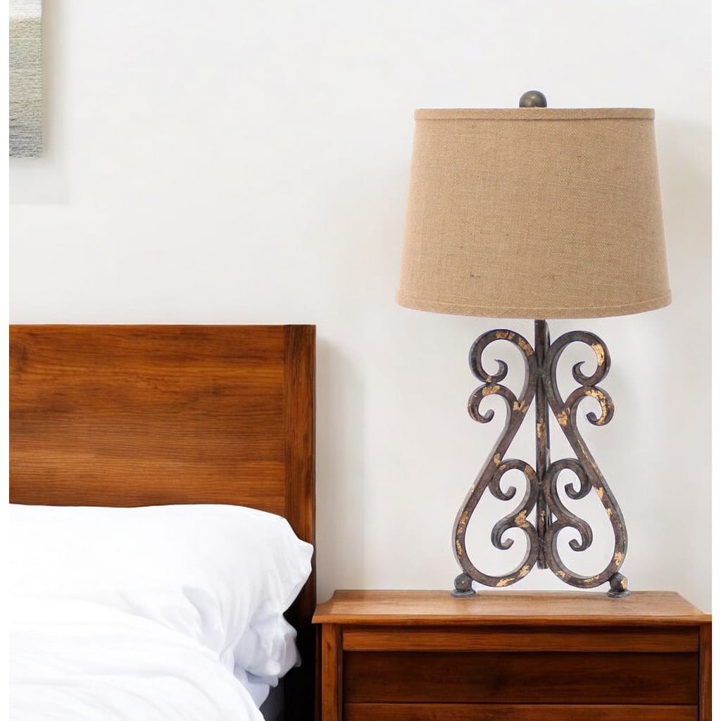 24" Traditional Bronze Bedside Table Lamp with Khaki Drum Shade and Metal Base for Bedroom Decor - 23.75”H x 13”W x 11”D
