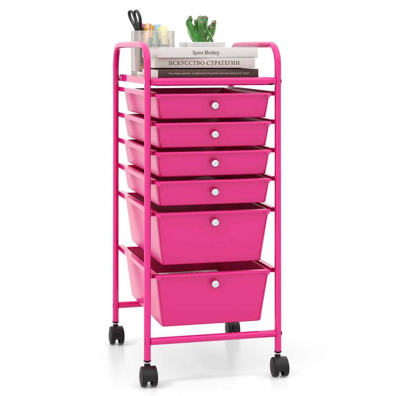 Costway 6 Drawer Rolling Storage Cart Scrapbook Paper Office Organizer - Hot Pink