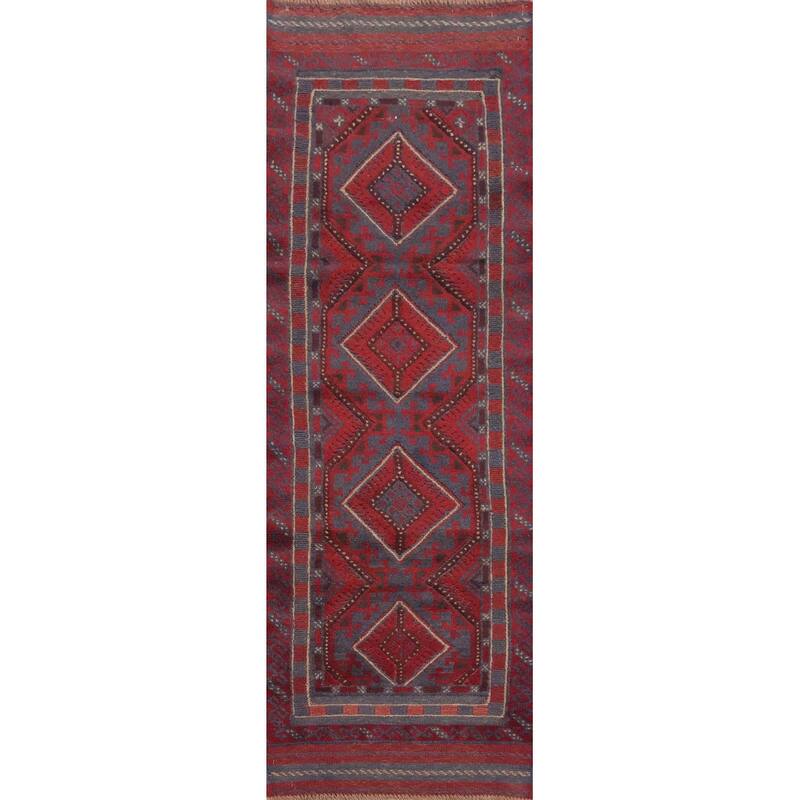 Hand Knotted Oriental 100% Wool Carpet Traditional Tribal Navy Blue & Blues Balouch Runner Rug - 7' 10'' X 1' 11''