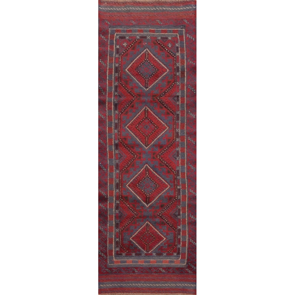 Hand Knotted Oriental 100% Wool Carpet Traditional Tribal Navy Blue & Blues Balouch Runner Rug - 7' 10'' X 1' 11''