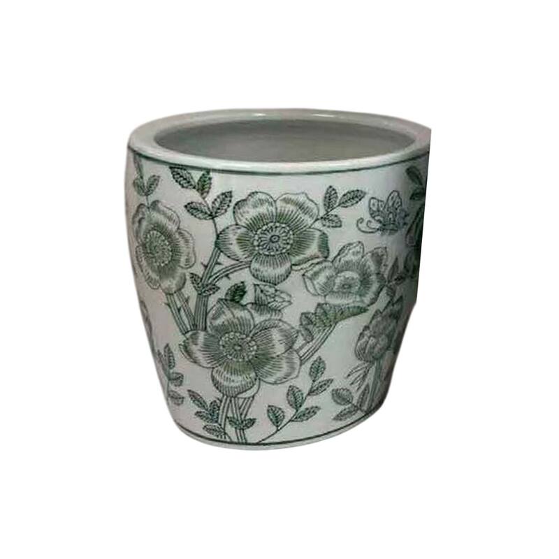 Kerry Accent Planter Pot Set of 4, Green Floral Pattern, White Ceramic