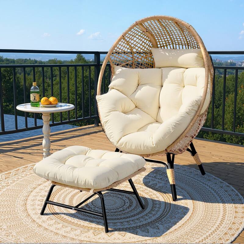 FINCATI Indoor Wicker Egg Chair Set with Ottoman, Cozy Accent Seating, 440 lbs Capacity