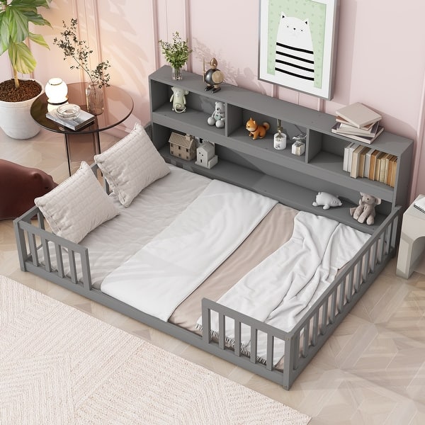 slide 2 of 9, Full Wood Montessori Floor Bed w/Bookcase & Shelves,Guardrails, Grey Grey - Full