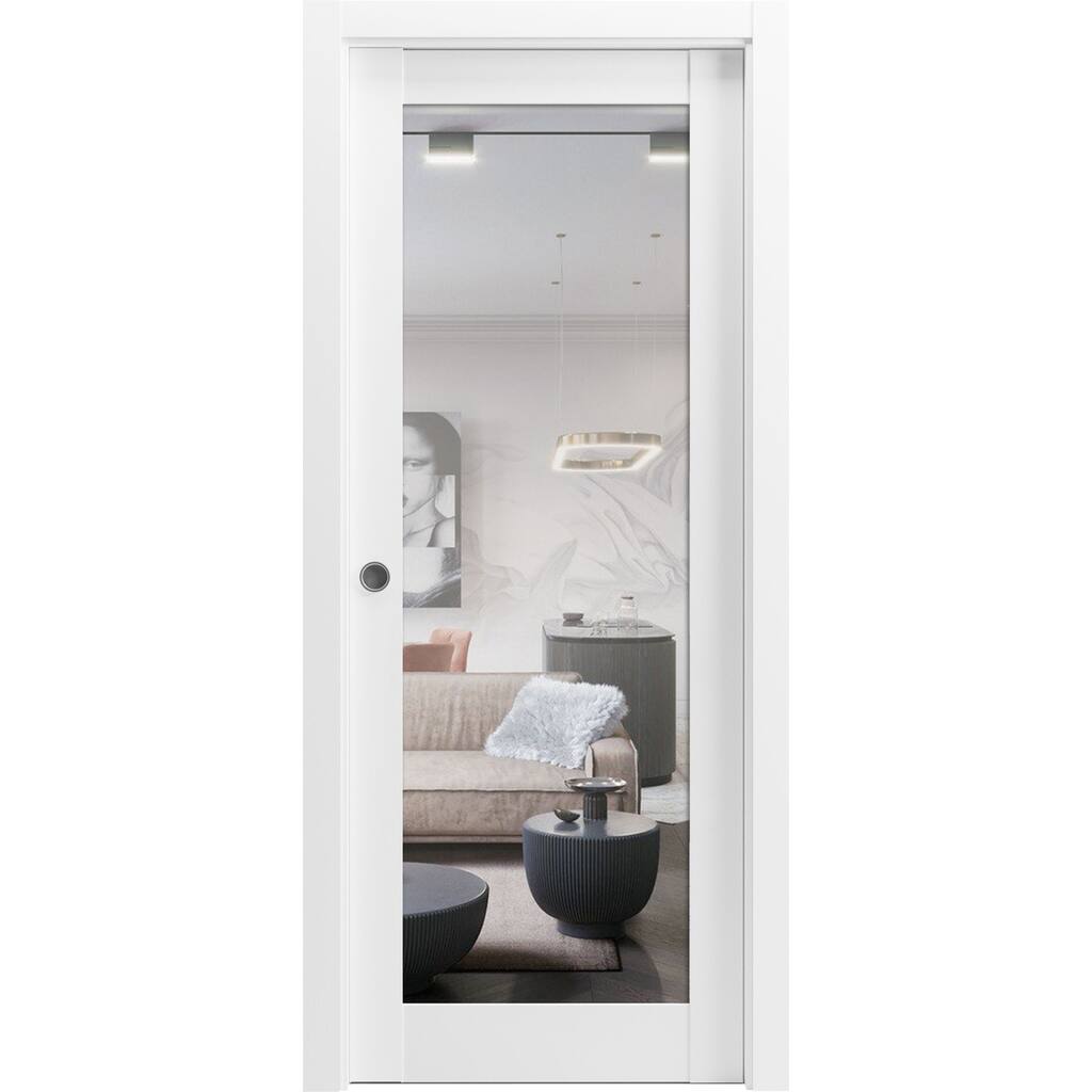 Sliding French Pocket Door with Lucia 1299 White Silk with Mirror Kit Trims Rail Hardware Solid Wood Interior-18x80-Mirror