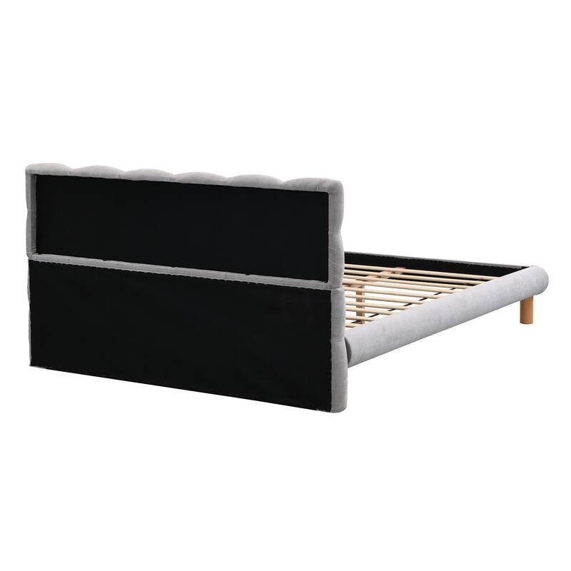 King Size Upholstered Platform Bed with Cookie-Shaped Headboard and Rubber Wood Support Feet