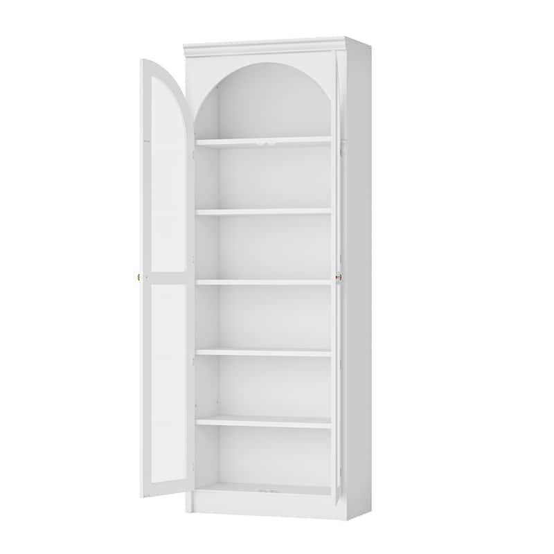 Modular White Bookcase with LED Lights & Glass Doors, 86.6" Tall Arched Display Cabinet Solid WoodStorage Cabinet