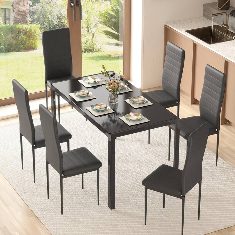 5/7-Piece Glass Top Dining Table Set, Kitchen Table and 4/6 Luxury Faux Leather Chairs, Home Furniture Rectangular Modern, Black - 7-Piece