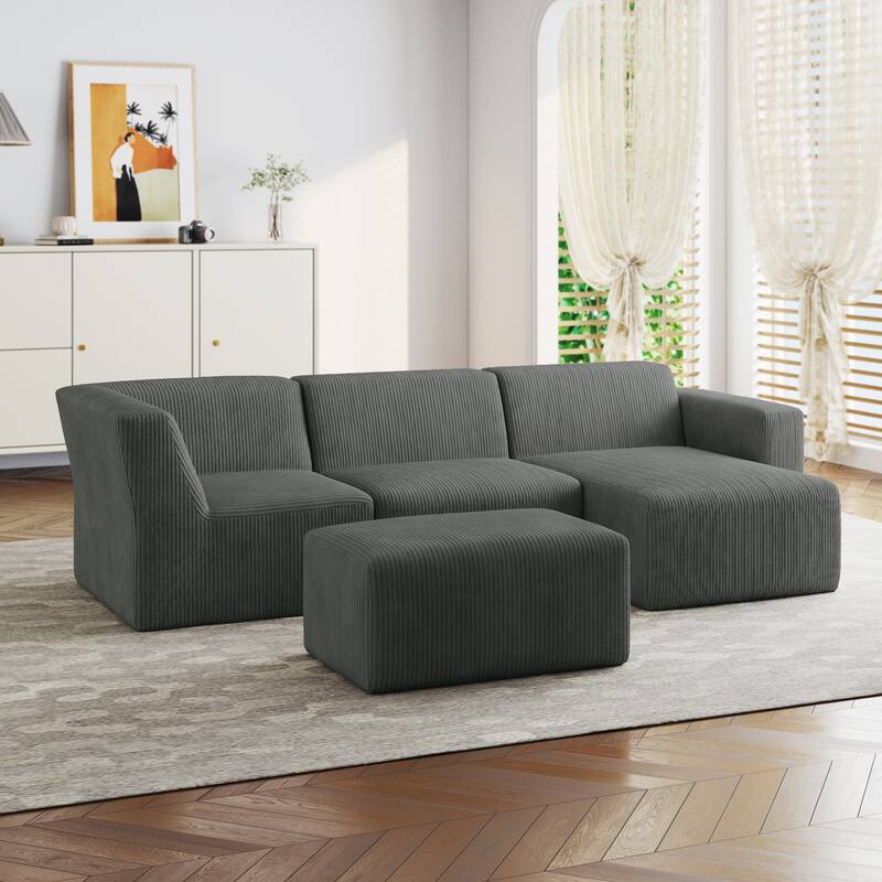 Modern Corduroy L-Shaped Foam Sectional Sofa with Chaise Lounge- Vacuum Packed, Tool-Free Setup