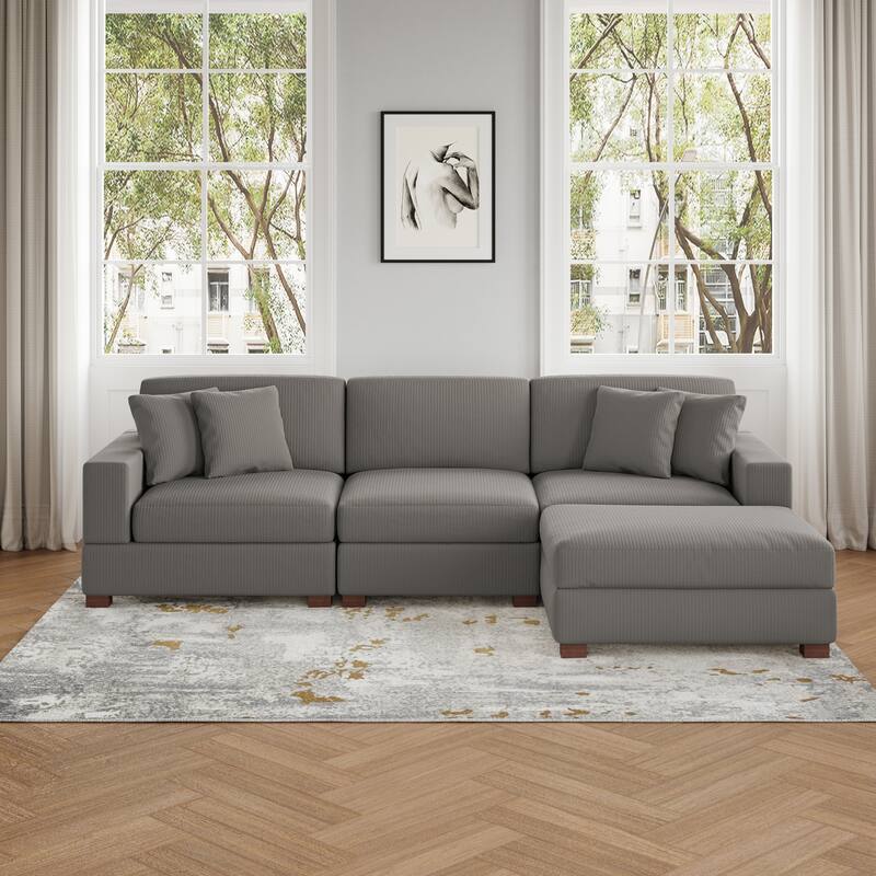 Ella 82" W/ 118" W Corduroy Modular Sectional Sofa with Ottoman - 4-Piece Light Grey