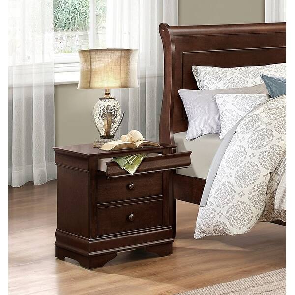 Brown Cherry Finish Nightstand Bedside Table with 2 Drawers and 1