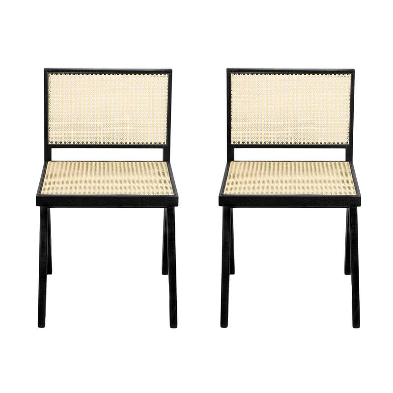Roomfitters Chandigarh Solid Wood Dining Side Chair with Rattan Cane Back, Black Set of 2