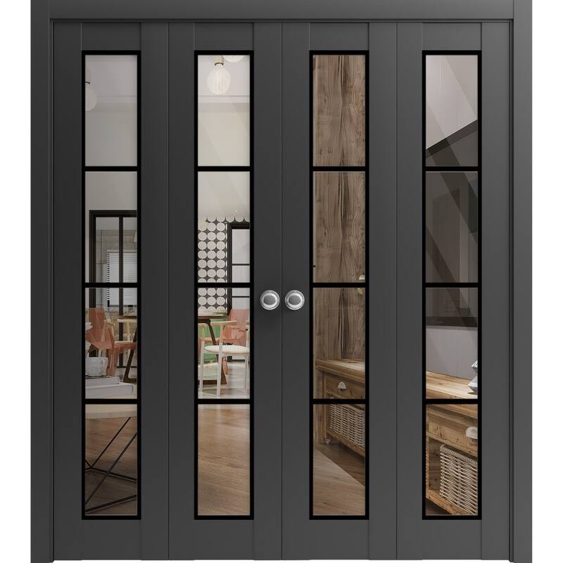 Double Bi-fold Doors Lucia 2466 Matte Black Clear Glass Sturdy Tracks - Black - 96" x 96" (4* 24x96)
