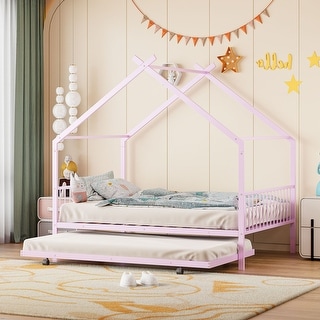 Pink Full Size Metal House Bed with Trundle & Roof
