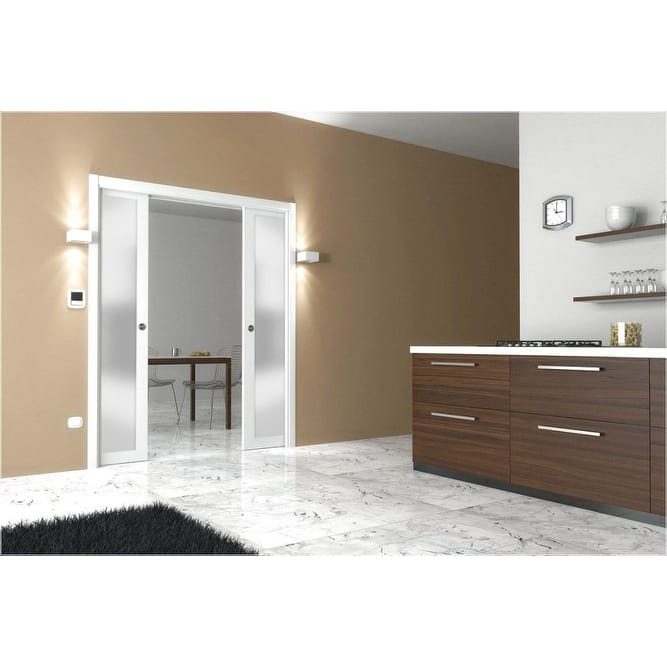 Lite Double Pocket Frosted Glass Doors/ Planum 2102 White Silk