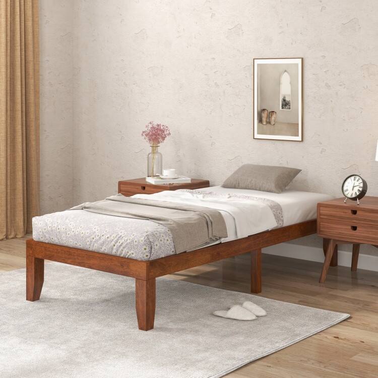 Brown Rubber Wood 14-Inch Twin Size Platform Bed Frame with Wood Slat Support