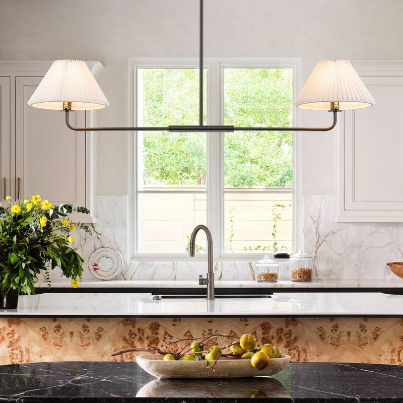 2-Light Modern Gold & Black Linear Pleated Fabric Pendant Kitchen Island Light