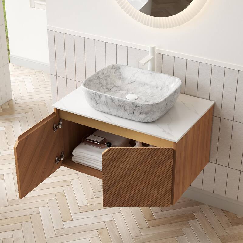 Wall-mounted Bathroom Vanity with Rectangular Vessel Basin