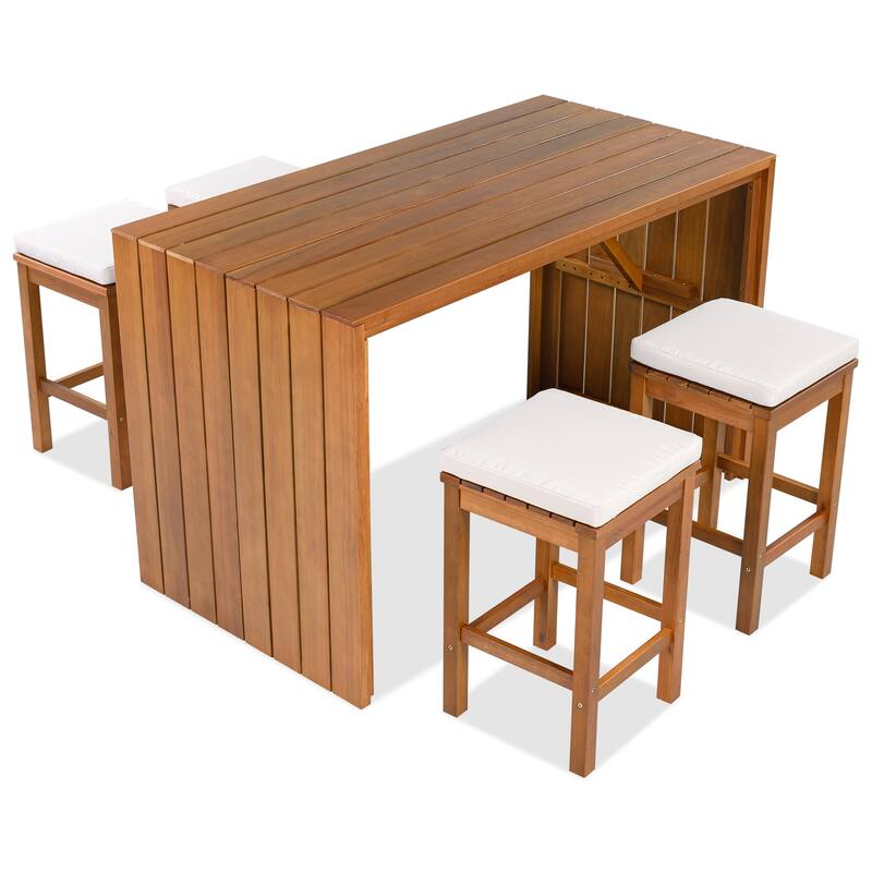 5-Piece Outdoor Patio Acacia Wood Bar Dining Set with 4 Cushioned Stools