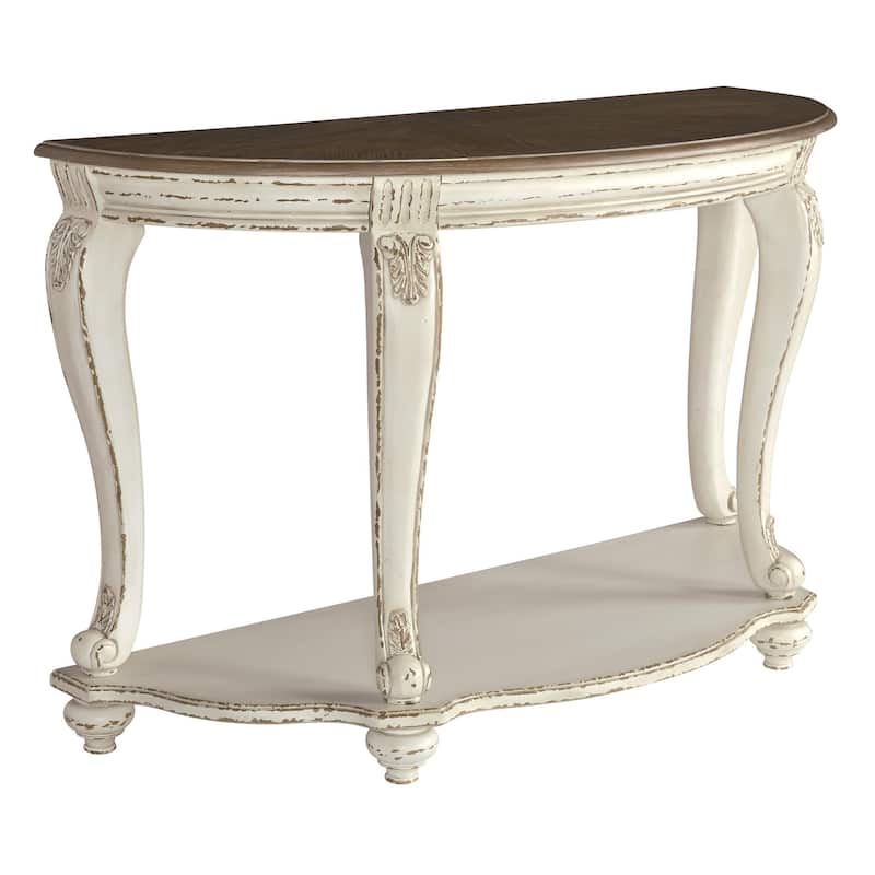 Crescent Moon Wooden Sofa Table with Engraved Details, Brown and White
