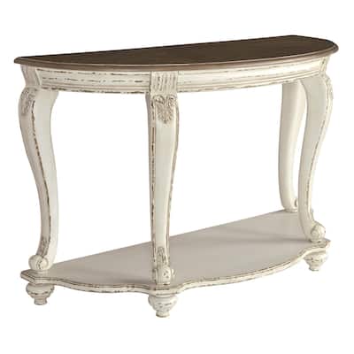 Crescent Moon Wooden Sofa Table with Engraved Details, Brown and White