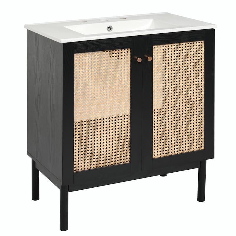 30" Bathroom Vanity with Handmade Rattan Doors - Natural Materials & Soft-Close Mechanisms