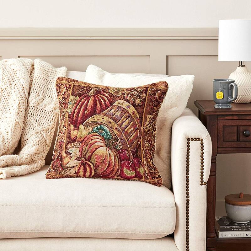 Violet Linen Fall Harvest Thanksgiving Autumn Leaves Sunflowers Fruits Pumpkins Tapestry Pattern Decorative Throw Pillow