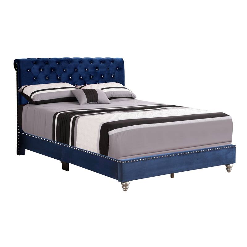 Transitional Navy Blue Upholstered Full Bed