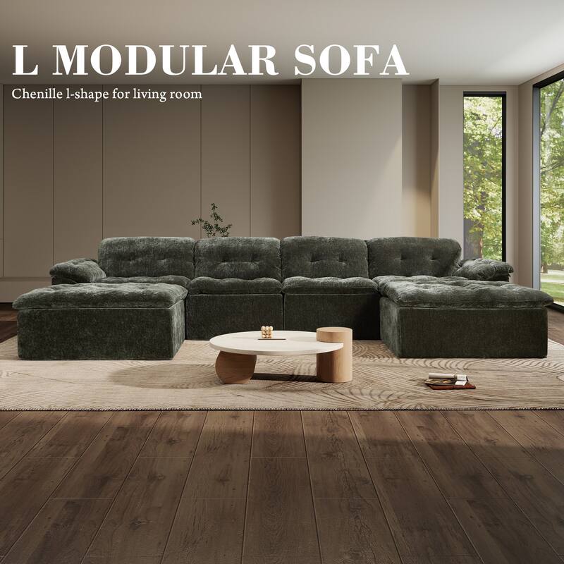 Rossetta 4-Seater Chenille Upholstery Modular Convertible Design Generous Seating Cushioned Sofa with 2 Versatile Ottomans