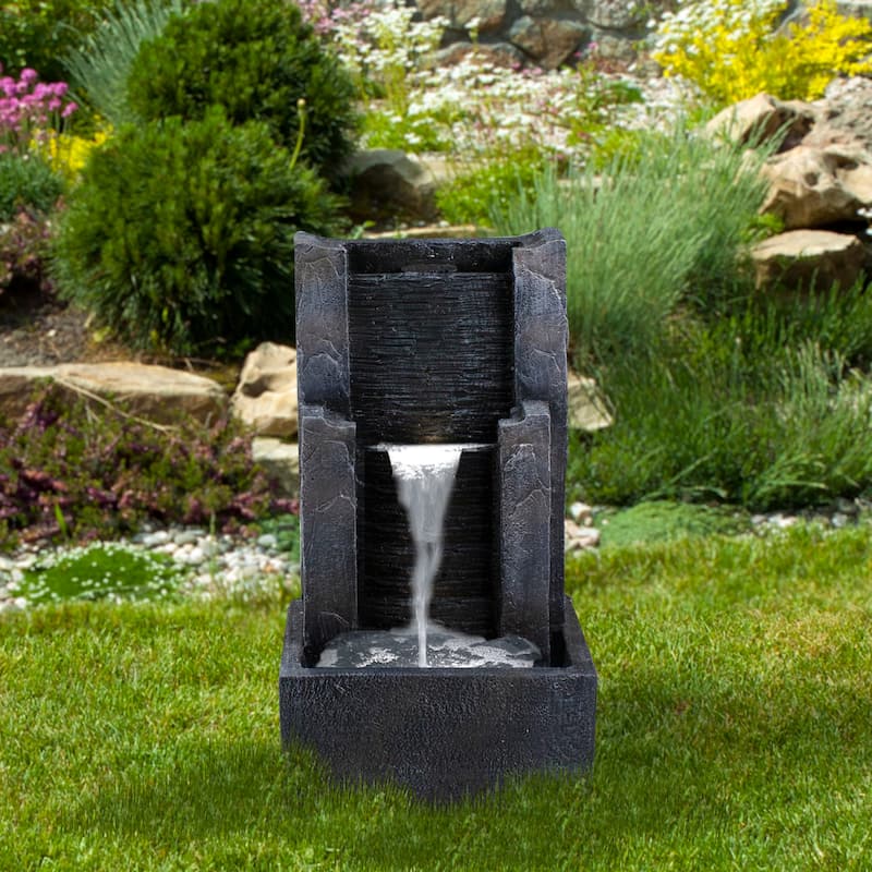 23.5" Black and Gray Modern Lighted Three-tier Outdoor Garden Water Fountain