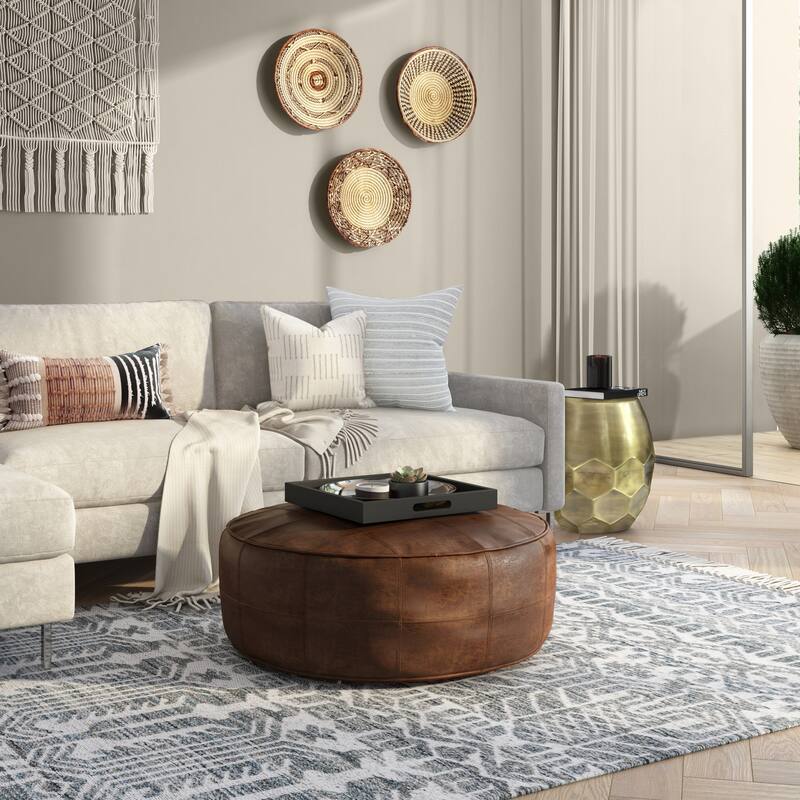 WYNDENHALL Darian Round Pouf in Genuine Leather
