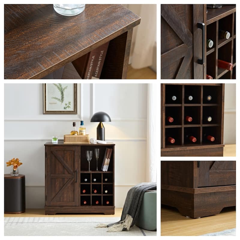 Farmhouse Wine Bar Cabinet with Drawer and Adjustable Storage Shelves for Liquor and Glasses