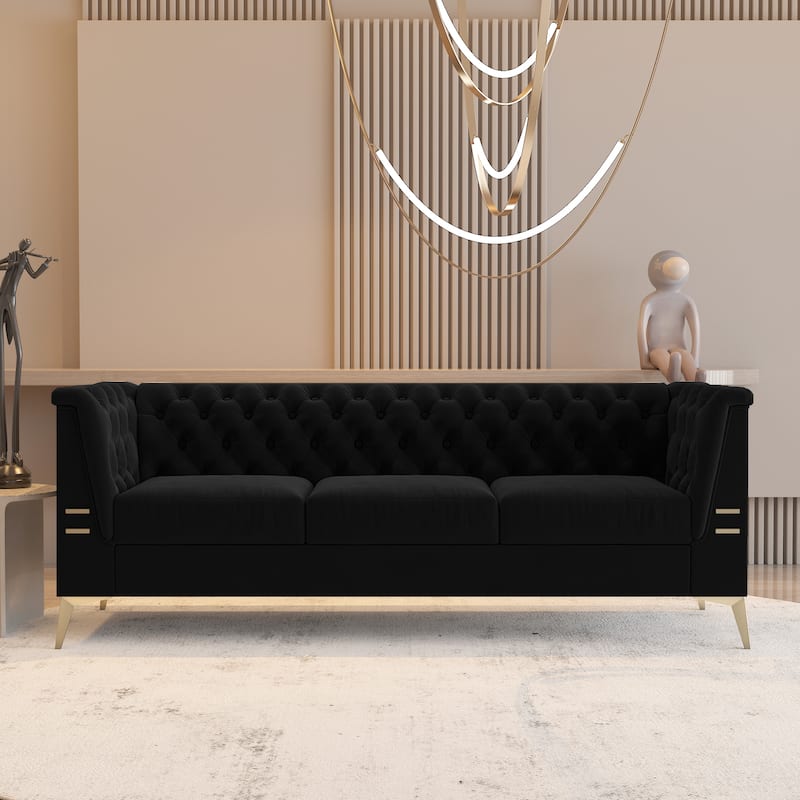 Velvet Upholstered 3-Seater Sofa Modern Living Room Deep Button Tufting Couch - Black