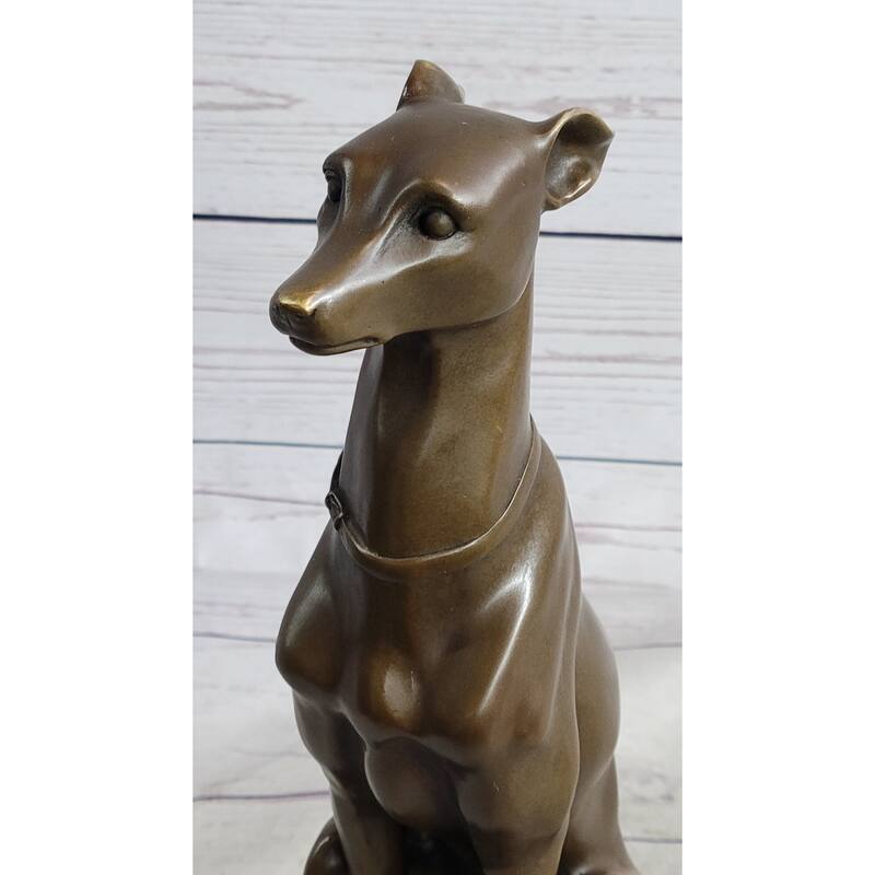 Greyhound Guardian Imitative Dog Bronze Metal Statue Sculpture Signed On Marble Base