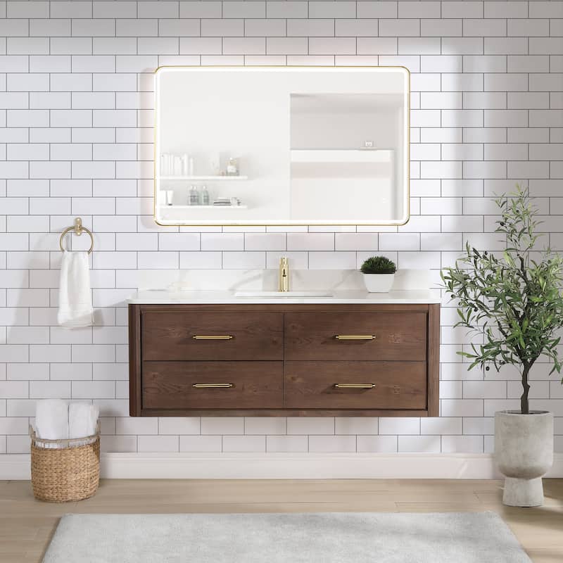 Cristo Floating Bath Vanity with White Quartz Stone Top and Mirror