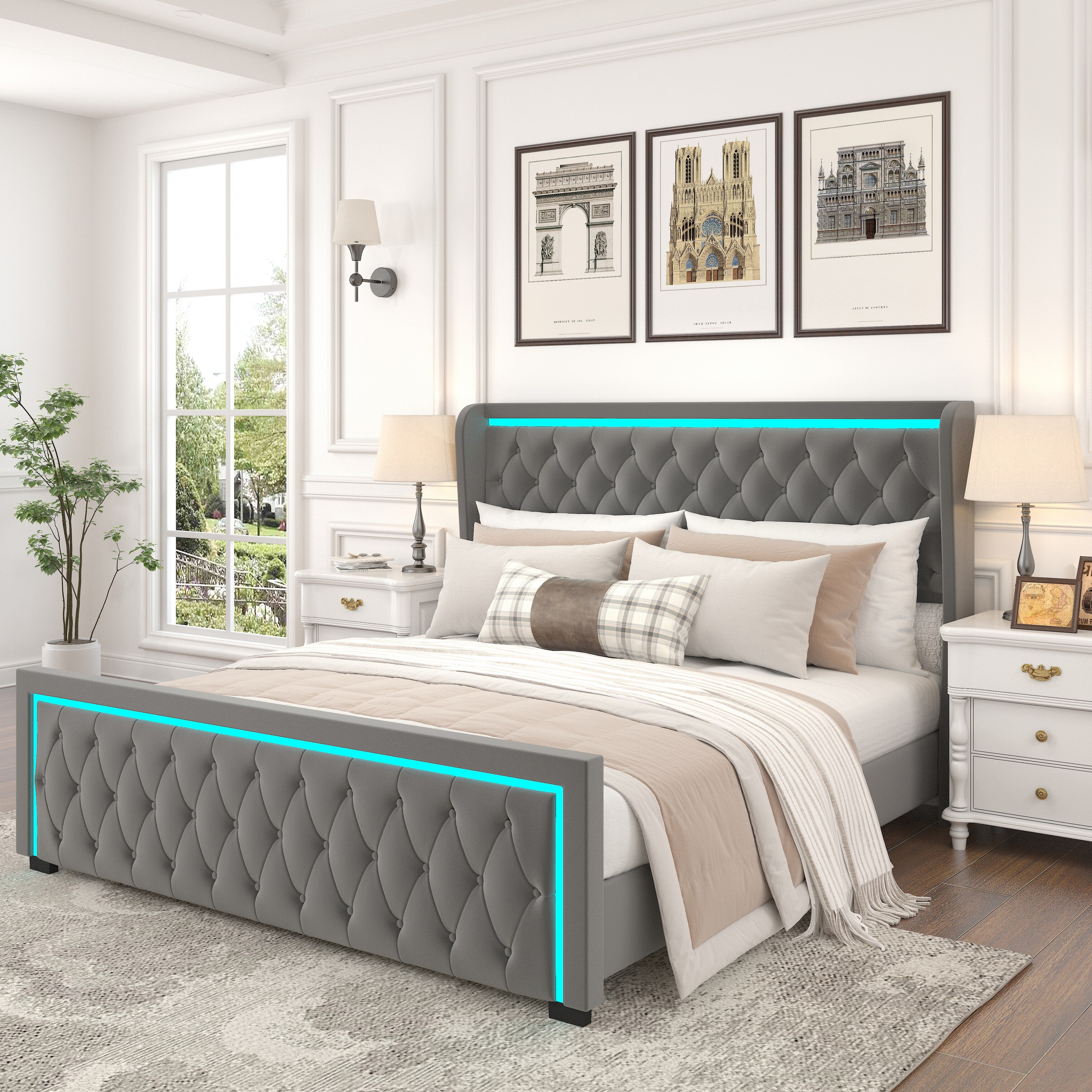 Luxurious Grey Velvet Platform Wingback Bed Frame w Adjustable