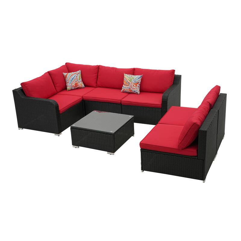 7-Piece Woven Rattan Sofa Set with Cushions and Coffee Table