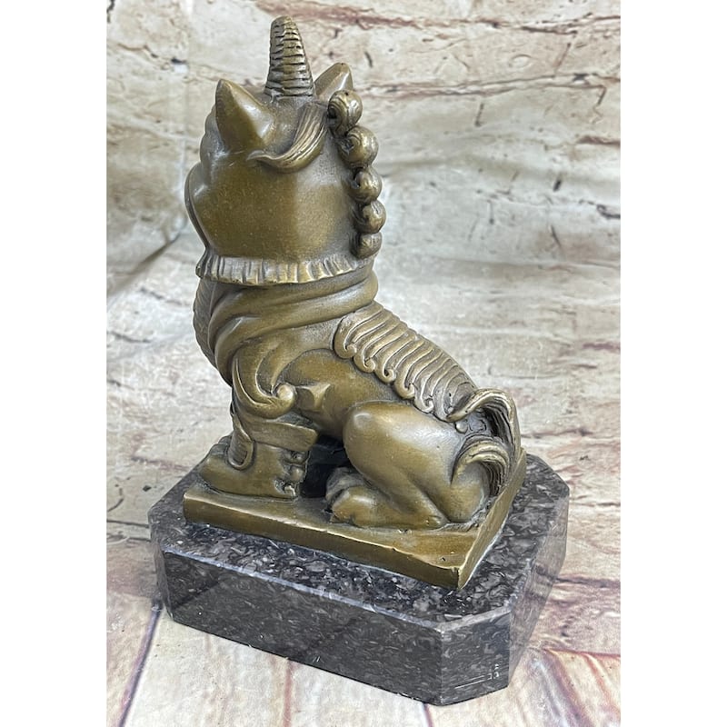 Chinese Foo Imitative Dog Guardian Imitative Lion Bronze Statue Sculpture Figure Marble Base 7.5 Inches X 5 Inches