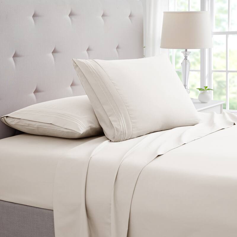 Rayon from Bamboo 4 Piece Luxury 3 Line Embroidered Sheet Set - Twin - 3 Line - Ivory